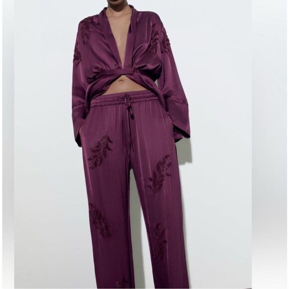 Zara Purple Beaded Embroidered High Waist Drawstring Kimono And Pants Set Sz XS - Picture 6 of 11
